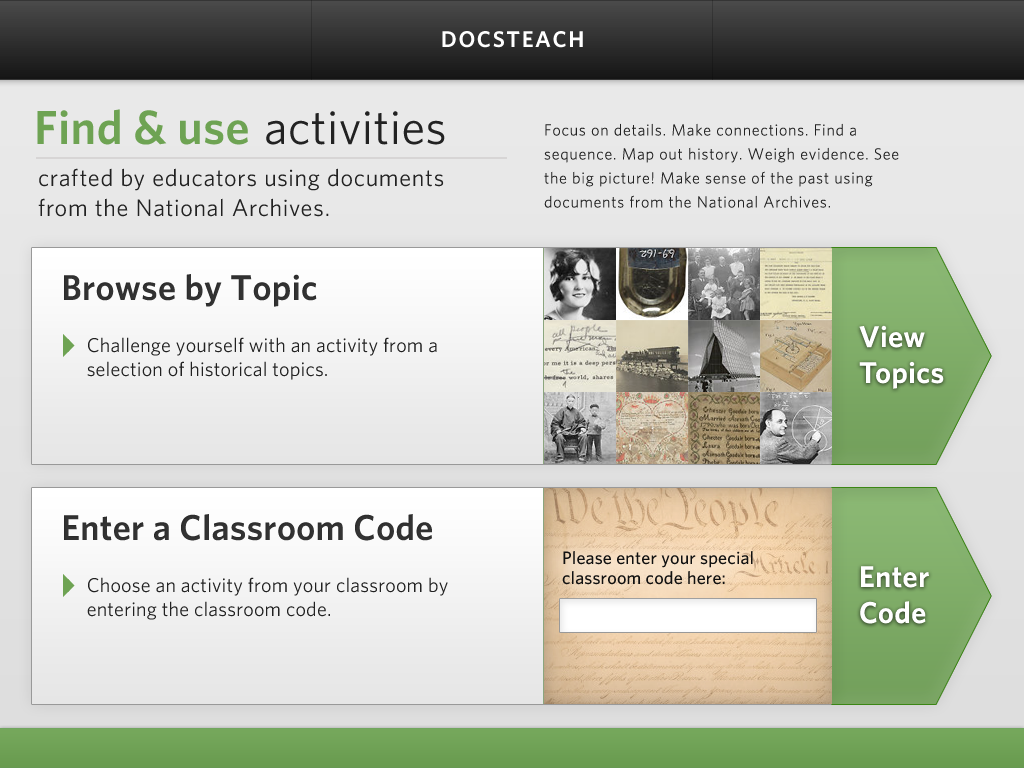 DocsTeach App for iPad Home Screen of the DocsTeach App for iPad