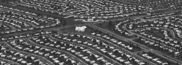Aerial view of rows of houses in the suburbs