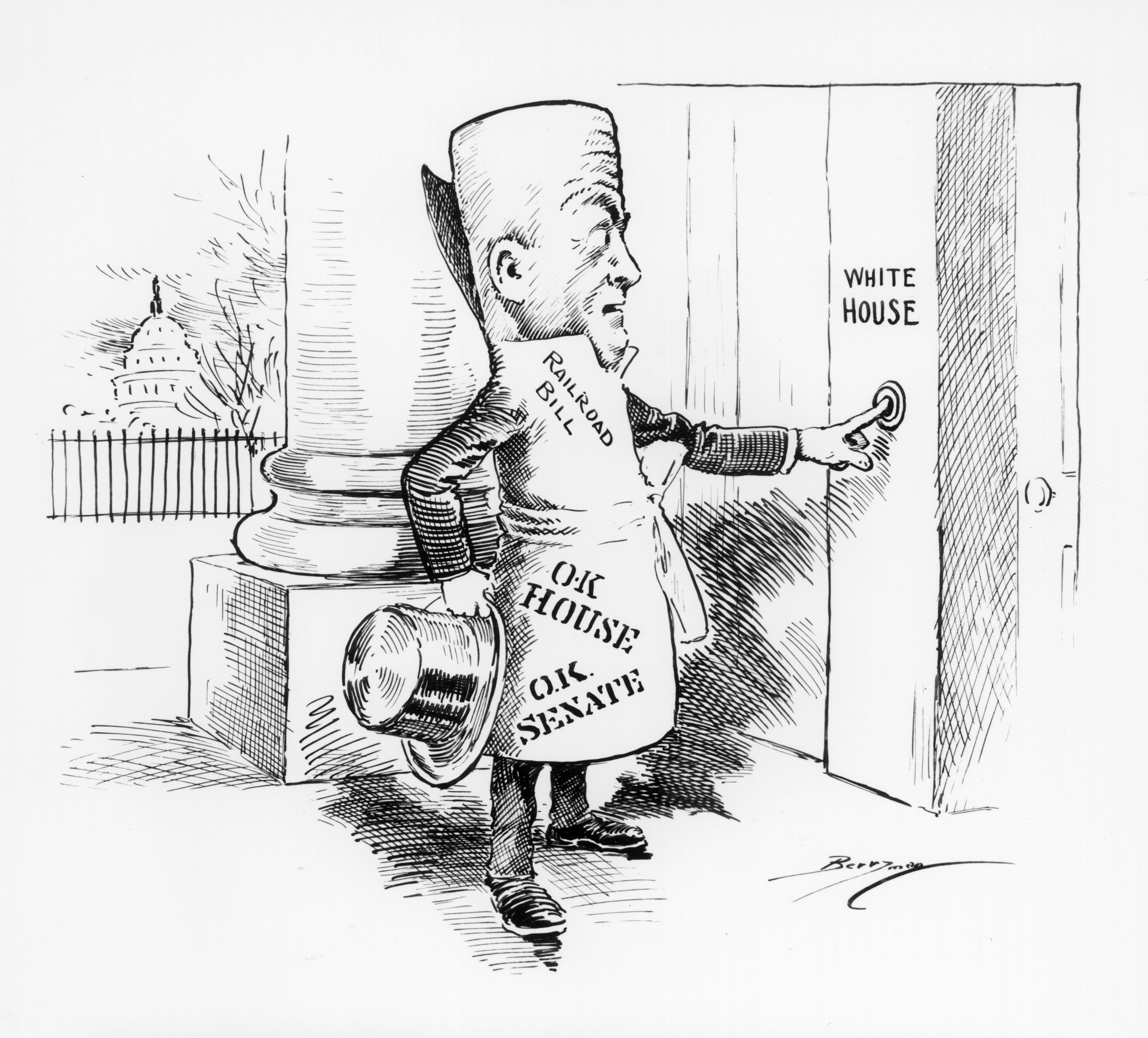 A rolled up "railroad bill" caricature, with top hat in hand and O.K. stamps from the House and Senate, rings the White House doorbell.