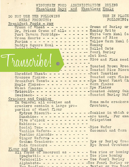 The Wisconsin Food Administration's list of food substitutions for meatless and wheatless meals