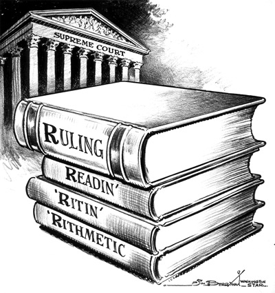 Books saying Ruling, Readin', 'ritin', 'Rithmetic