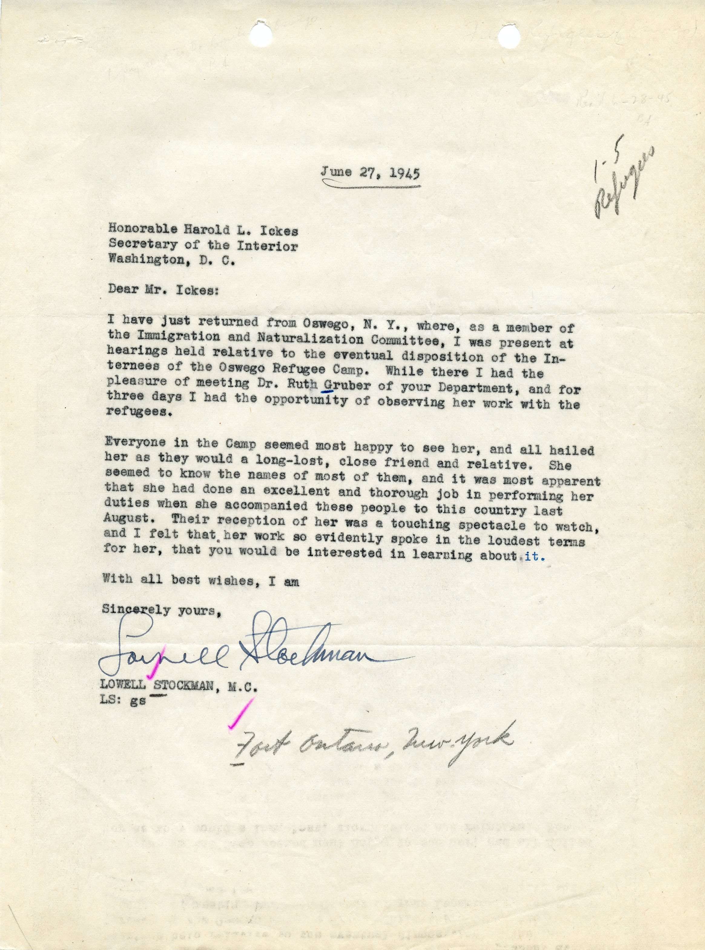 Letter from Congressman Lowell Stockman to Secretary of the Interior Harold Ickes about Fort Ontario