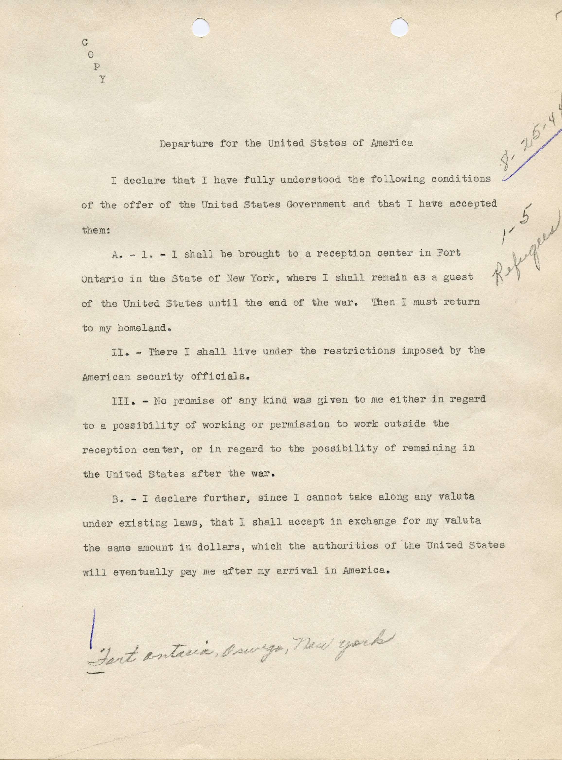 Declaration for Refugees Entering the United States for Fort Ontario