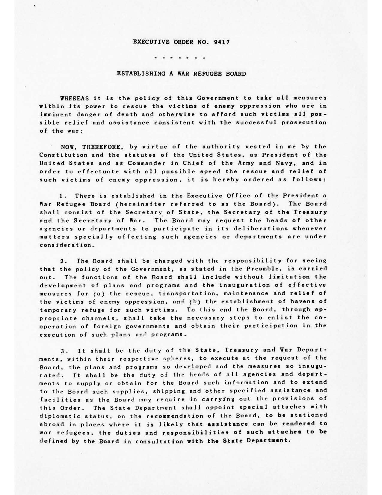 Executive Order No 9417 Establishing a War Refugee Board