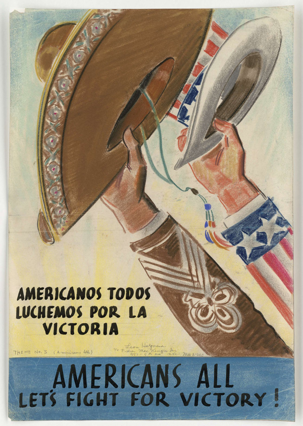 Poster reading: Americanos Todos Luchemos Por La Victoria: Americans All Let's Fight For Victory!