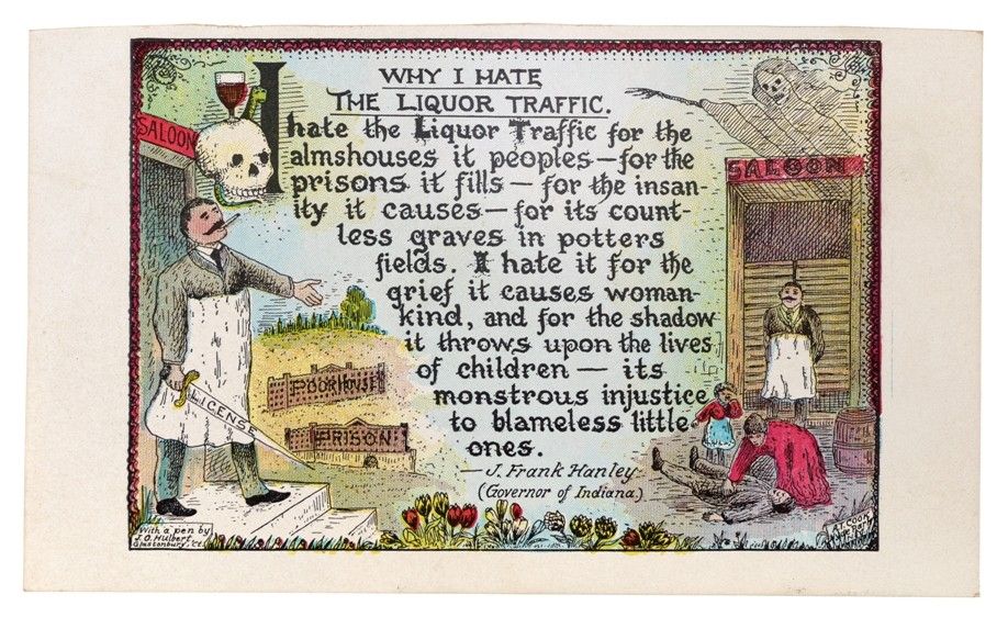Why I Hate the Liquor Traffic postcard with images of a saloon owner, grim reaper, prison, poorhouse, and distressed family